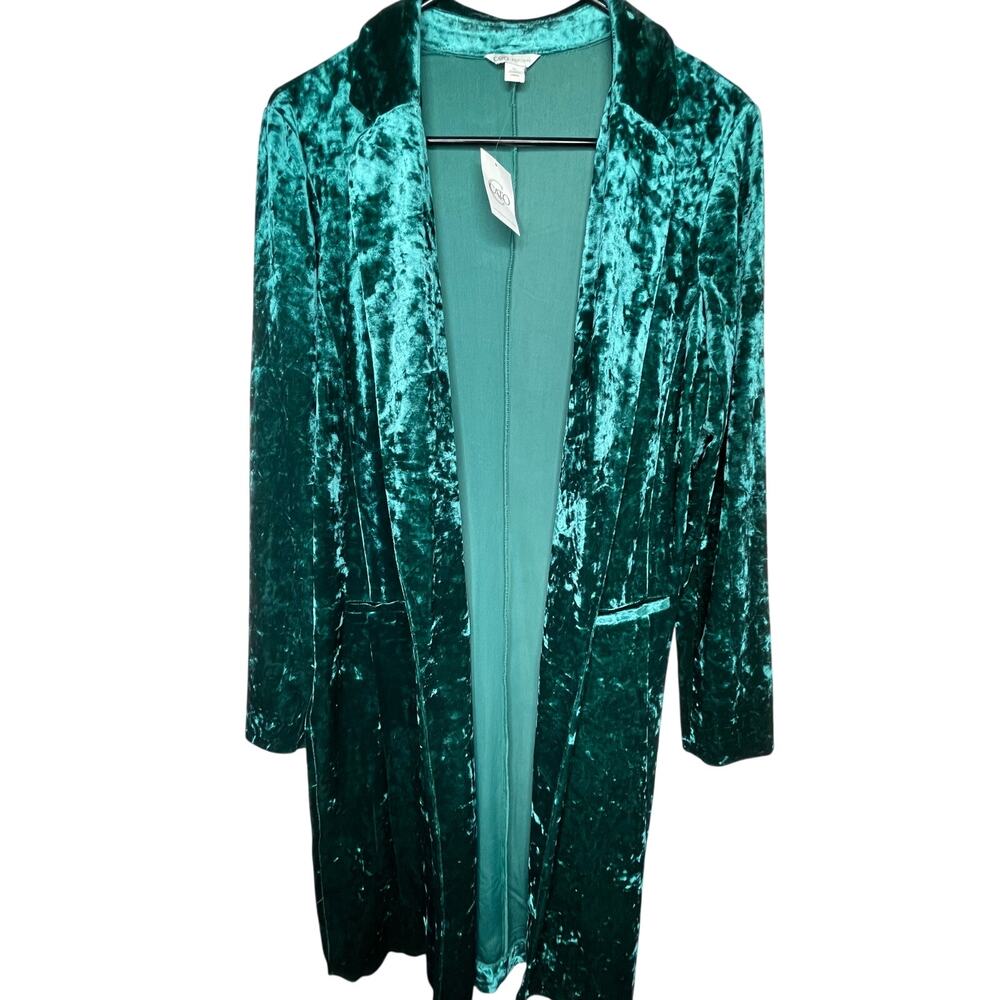 Cato women's long open front velvet duster cardigan in green, size S, NWT